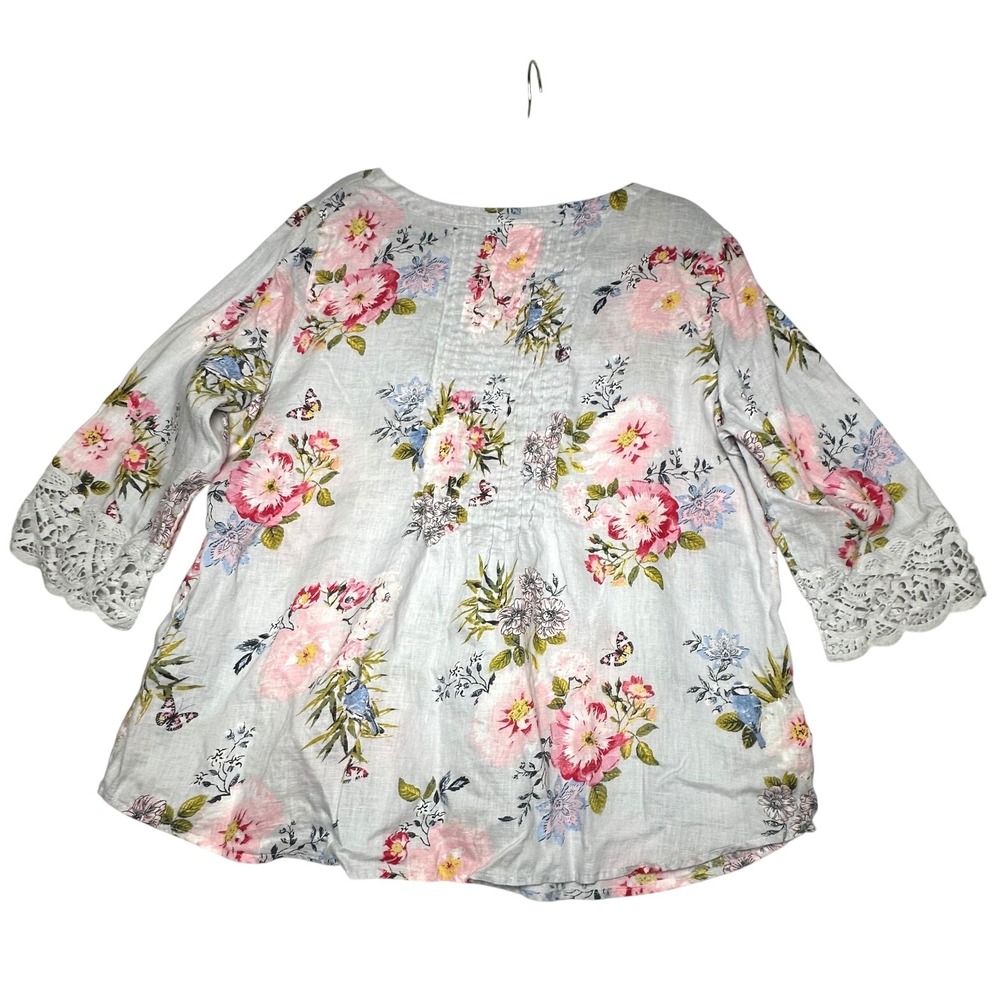 J.Jill Love Linen Floral Pintuck Blouse XL Bird Butterfly Crochet - Picture 5 of 8